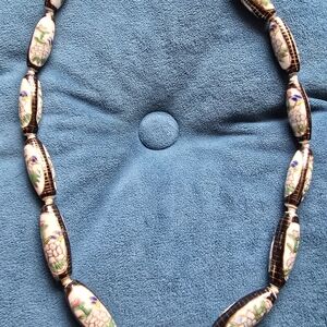 Vintage Asian Strung Floral Porcelain  Beaded Necklace 10" Drop 20" Total Length